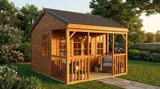 The Amber Veranda Summerhouse with covered veranda, timber railings, wicker seating and multi-pane doors in a garden setting