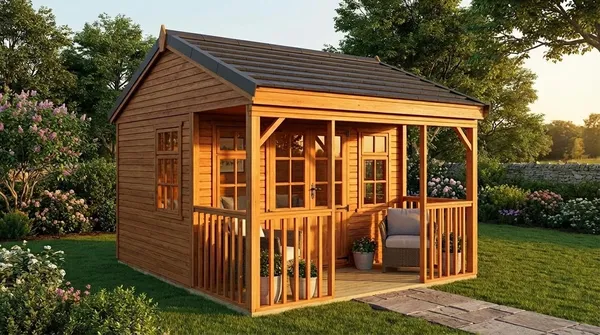 The Amber Veranda Summerhouse with covered veranda, timber railings, wicker seating and multi-pane doors in a garden setting