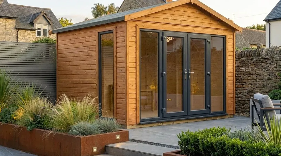 The Modern Apex Garden Room with anthracite UPVC french doors closed, featuring modern landscaping