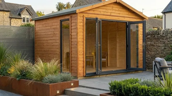 The Modern Apex Garden Room with UPVC french doors wide open, showing the spacious timber interior