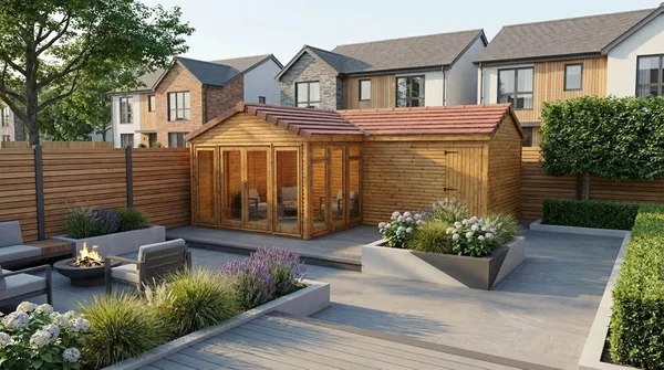 Natural timber apex corner summerhouse featuring full-height glazing and premium tiled roof on a modern patio