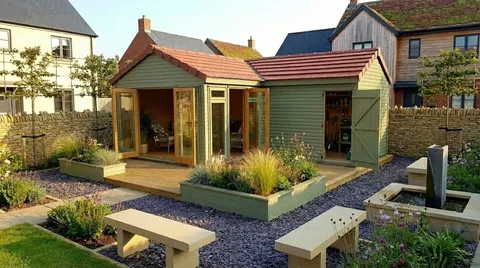 Apex corner summerhouse with doors open showcasing both the garden room and storage sections