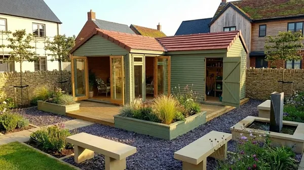 Apex corner summerhouse with doors open, revealing a relaxed seating area and an organized storage shed with garden tools