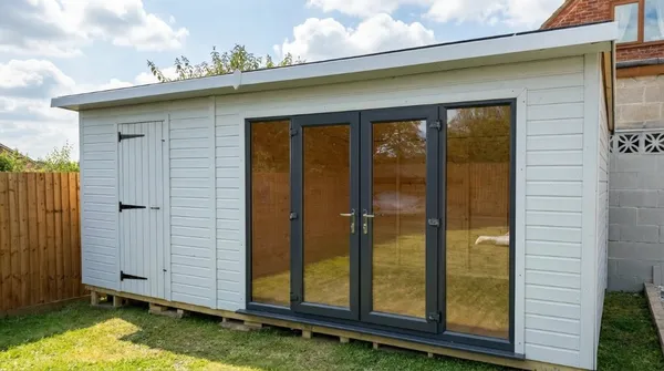 The Denby Combi Summerhouse with glazed garden room and solid storage door in a sunny garden