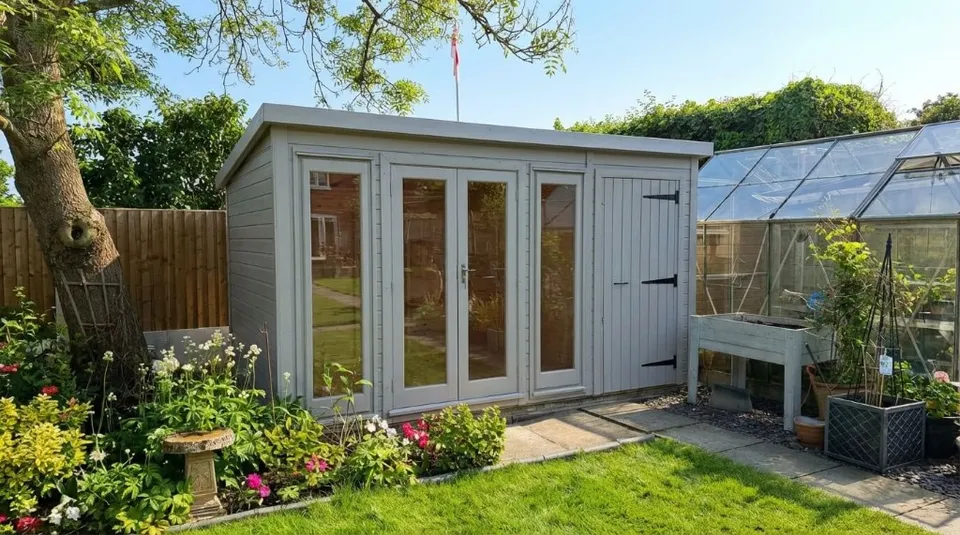 The Denby Combi with UPVC French doors and secure storage section on lawn