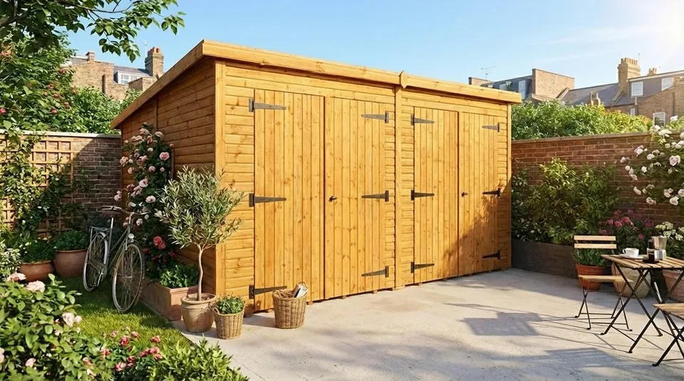 Wide-span pent double garage with dual double doors closed in a landscaped setting