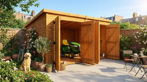 Timber double garage with twin doors open, interior and ride-on visible