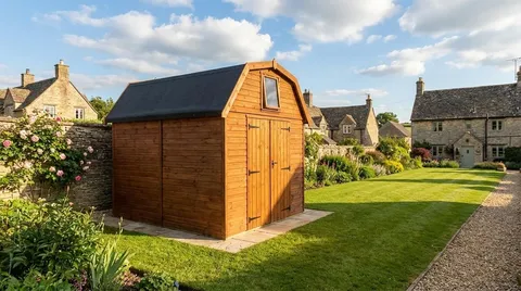 Bespoke Dutch Barn shed with gambrel roof, double barn doors open, light timber cladding on concrete base