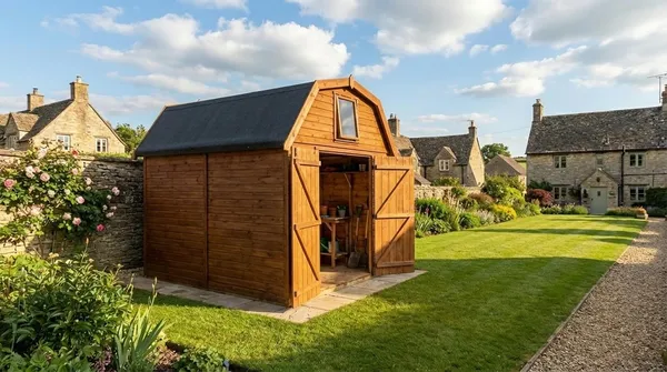 Dutch Barn shed in village garden with stone wall, open doors and high-level gable window