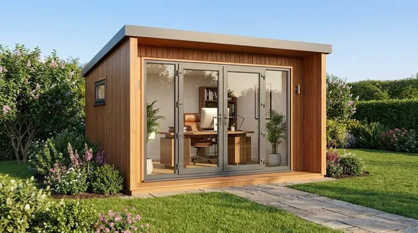 The Contemporary Executive Garden Office on lawn with natural timber cladding, bi-fold glass doors and deck, office interior visible