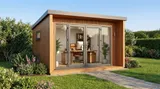 The Contemporary Executive Garden Office on lawn with natural timber cladding, bi-fold glass doors and deck, office interior visible