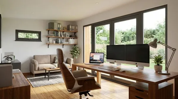Interior of The Contemporary Executive Garden Office with desk, lounge area and full-height glass doors to the garden