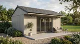The Executive Apex Garden Studio with tiled apex roof, light vertical cladding, bi-fold glass doors and patio seating