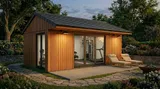 The Executive Apex Garden Studio as a home gym with bi-fold doors, patio dining and fire pit in a landscaped garden
