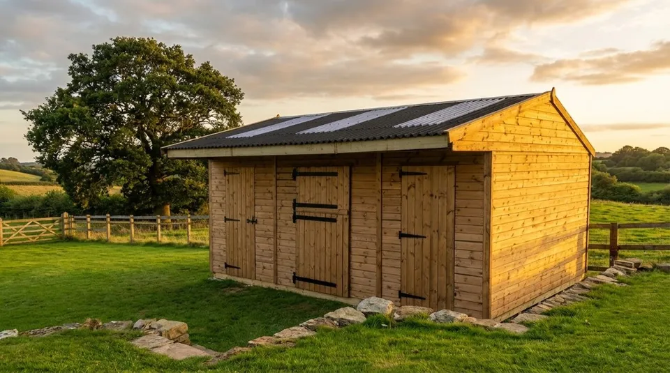 Heavy-duty timber field shelter with apex roof and clear roof panels for natural light, set in pasture