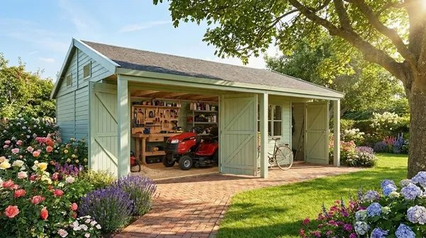 Garage and workshop combi with double doors open, ride-on mower and workbench visible