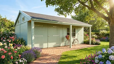 Pale green garage and workshop combi with structural front canopy in a landscaped garden, doors closed