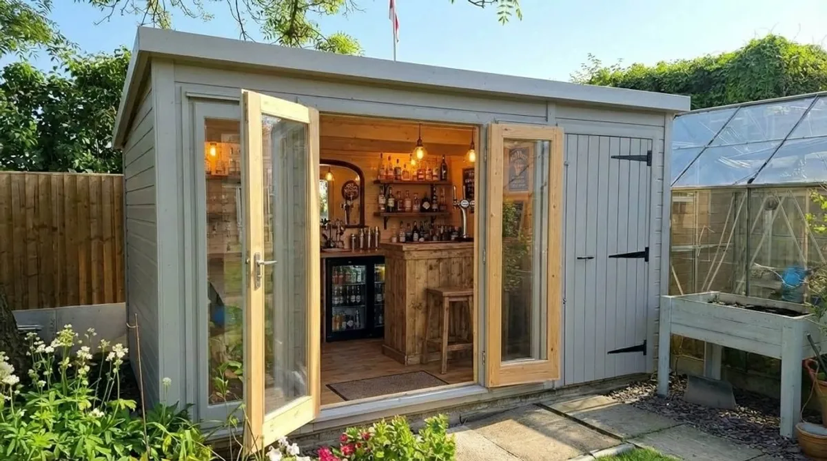 Garden bar with open French doors, rustic wooden bar interior and paved path in a sunny garden