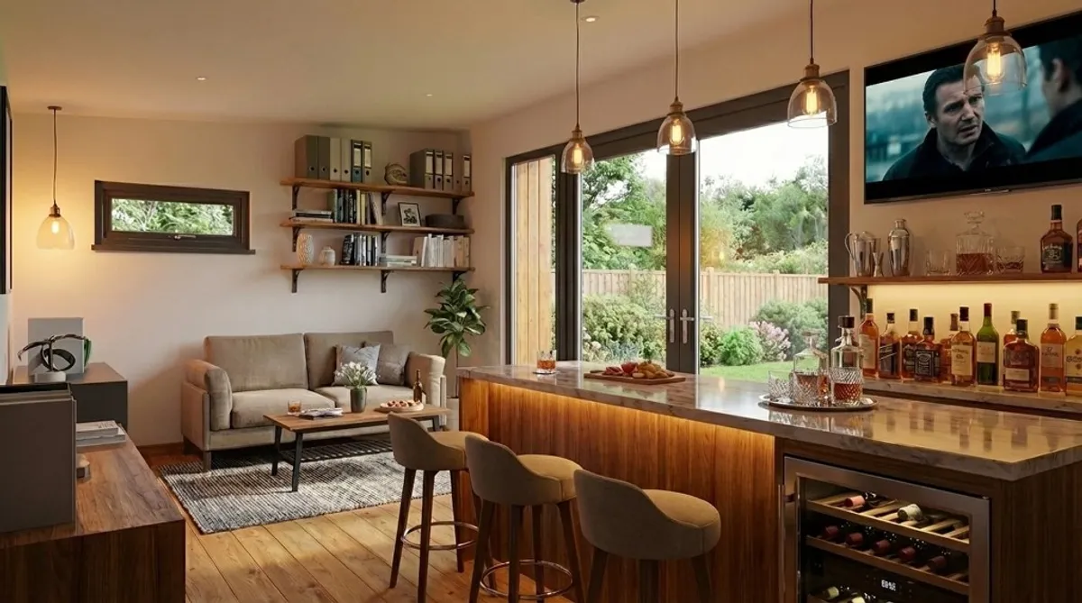 Garden room interior configured as a bar and lounge with bi-fold doors to the garden, bar counter, pendant lighting and seating