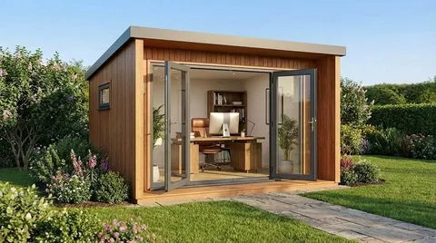 The Contemporary Executive Garden Office with bi-fold doors open, showing the home office interior and garden
