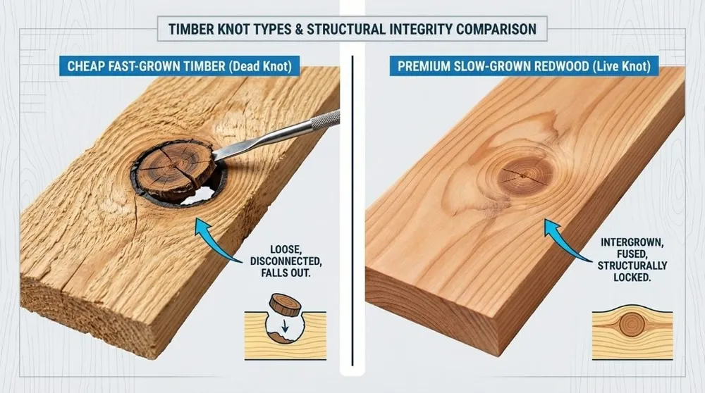 Timber knot types comparison: cheap fast-grown timber with dead knots—loose, disconnected, falls out. Premium slow-grown redwood with live knots—intergrown, fused, structurally locked.
