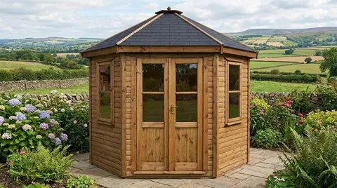 The Panoramic Octagon Summerhouse with timber cladding, dark shingle roof and double glazed doors on flagstone patio in countryside garden