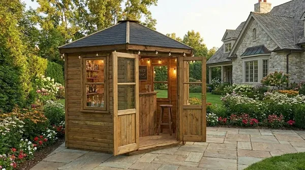 The Panoramic Octagon Summerhouse configured as a home bar on flagstone patio with open double doors and string lights in a landscaped garden