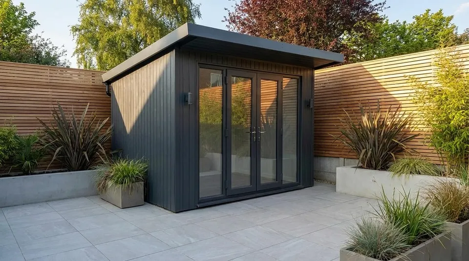 The Modern Pent Garden Room with dark grey cladding, pent roof and bi-fold doors on a paved patio