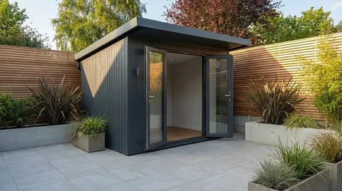 The Modern Pent Garden Room with bi-fold doors open, showing the interior and patio