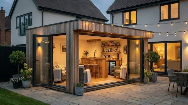 The Pentrich Garden Room at dusk with slatted cedar cladding, open bi-fold doors and integrated downlighting, configured as a home bar and lounge
