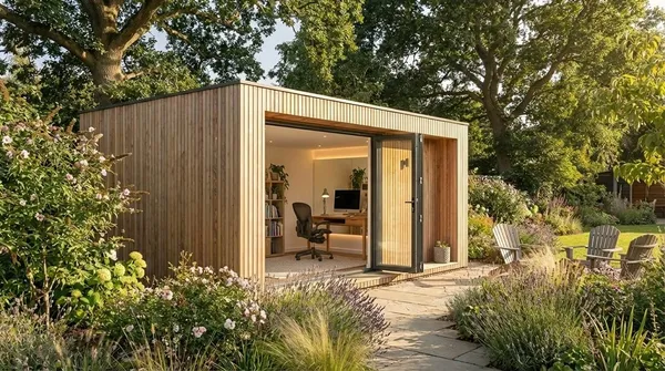 The Pentrich Garden Room set up as a luxury home office with slatted cedar cladding and bi-fold doors in a landscaped garden
