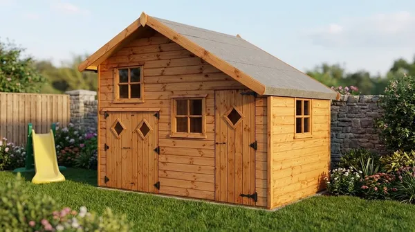 Premium wooden playhouse with asymmetrical apex roof, 4-pane windows, double doors with diamond windows and full-height entrance door on lawn