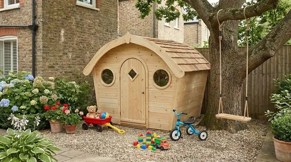 Curved-roof playhouse in natural timber with wooden shingles and circular porthole windows