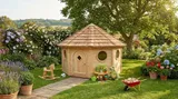 Multi-sided hexagonal playhouse with arched door and diamond window in a sunny garden