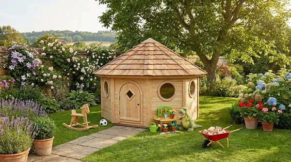Multi-sided hexagonal playhouse with arched door and diamond window in a sunny garden