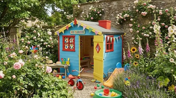 Kids Clubhouse with door open, vibrant painted cladding and garden setting