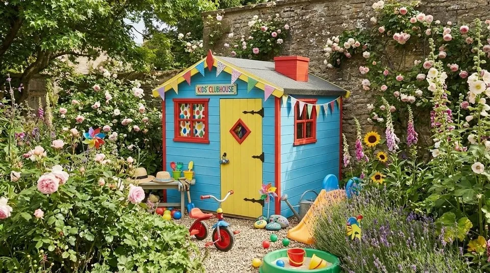Vibrant multi-colored Kids Clubhouse with chimney, scalloped fascias and yellow door in a garden