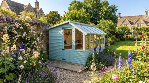 Light blue potting shed with integrated greenhouse section in a cottage garden with lavender and hollyhocks