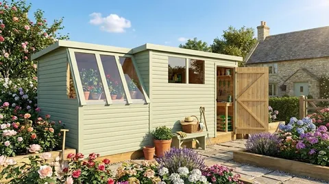 Potting shed with door open, greenhouse and workspace visible