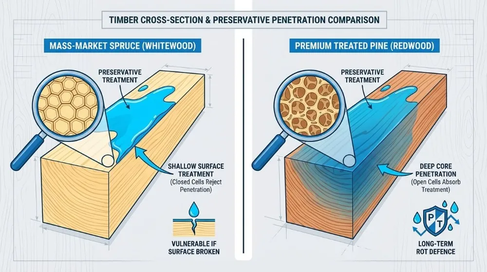 Timber cross-section and preservative penetration comparison. Mass-market Spruce (closed cells): shallow surface treatment, vulnerable if surface broken. Premium treated Pine (open cells): deep core penetration, long-term rot defence.