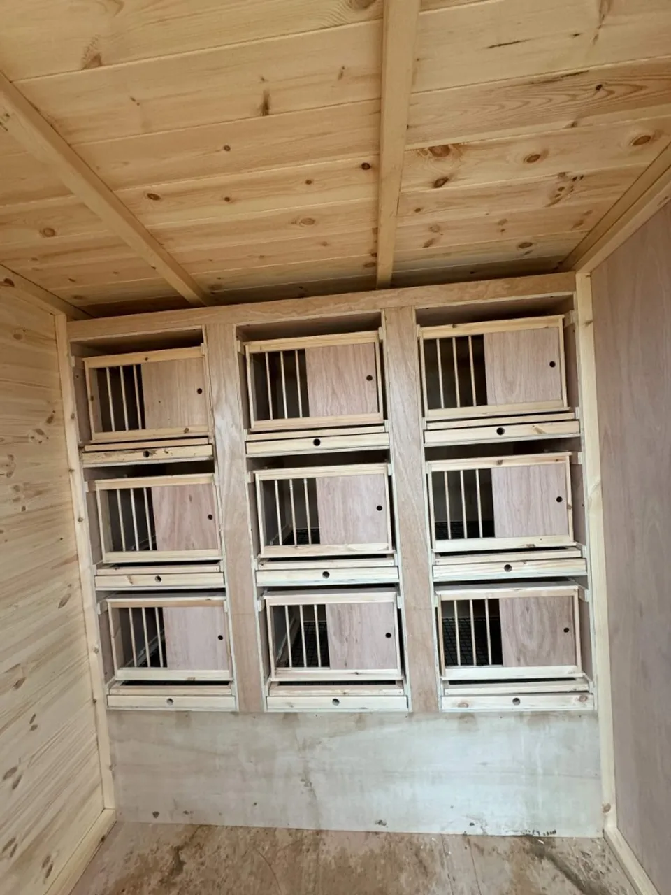 Standard up and over nest boxes installed in a timber loft