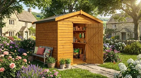 Classic timber garden shed with double doors open, showing interior storage in cottage garden