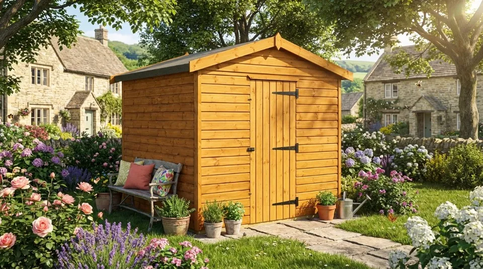 Premium windowless apex garden shed in a cottage garden setting – heavy-duty bespoke timber storage