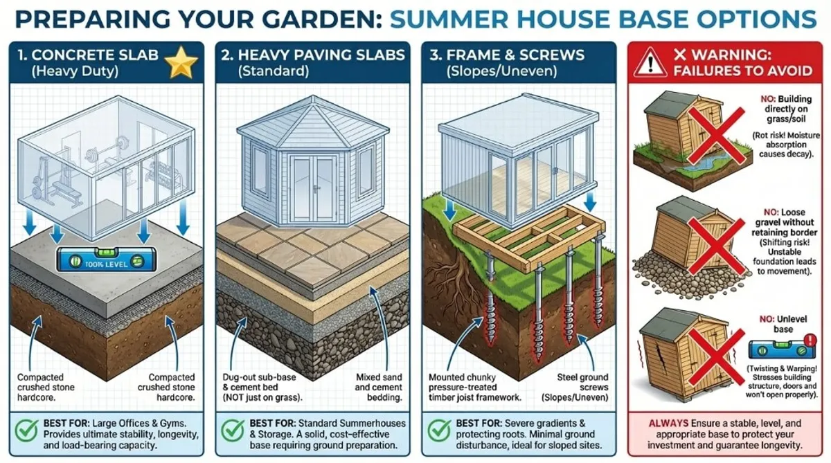 Preparing your garden: summer house base options. Concrete slab for large offices and gyms; heavy paving slabs for standard summerhouses; timber frame and ground screws for slopes and uneven ground. Warning: never build on grass or soil, never use loose gravel without a retaining border, never use an unlevel base.