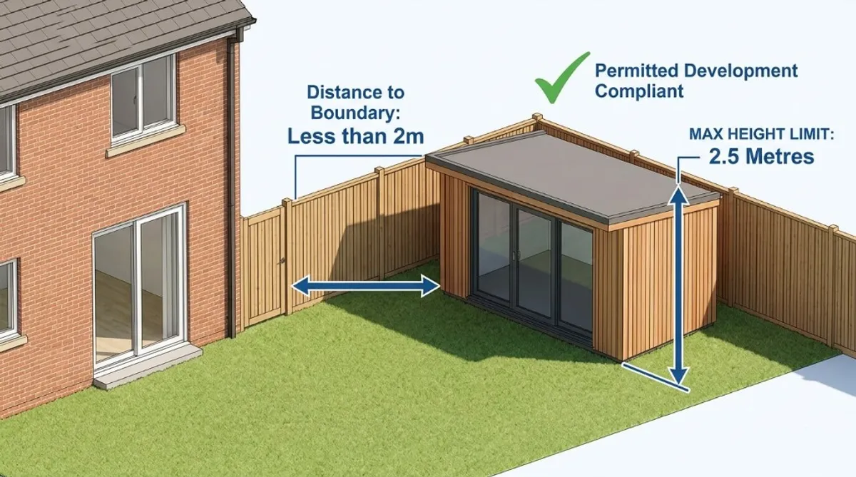 UK permitted development rules: distance to boundary less than 2m and maximum height limit 2.5 metres for a garden room. Permitted development compliant.