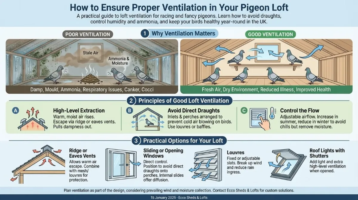 How to ensure proper ventilation in your pigeon loft. Poor vs good ventilation, principles of good loft ventilation (high-level extraction, avoid direct draughts, control flow), and practical options—ridge or eaves vents, sliding windows, louvres, roof lights with shutters.