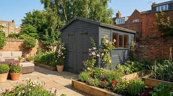Custom-painted apex wooden workshop in a walled courtyard, tailored to the property