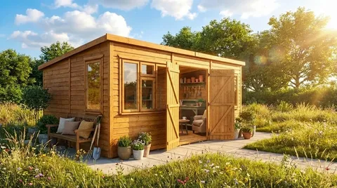 Modern pent timber workshop with double doors open, revealing wide access