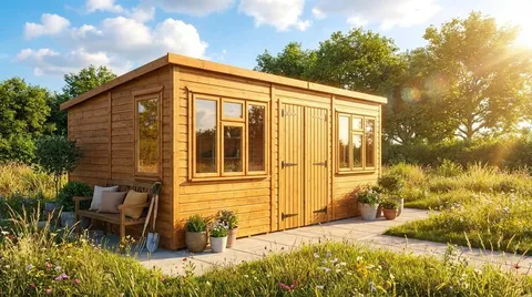 Modern pent timber workshop in a garden setting, double doors closed