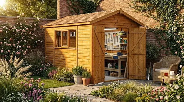 Apex timber workshop with open double doors revealing heavy-duty workbench and tool setup inside, in a landscaped garden